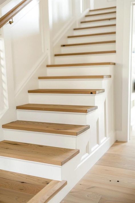 Modern Farmhouse Staircase Ideas for Chic Homes Farmhouse Basement Stairs, Whitewash Staircase, Farmhouse Entryway With Stairs, Updated Staircase Ideas, Cottage Staircase Ideas, Shiplap Stairs, Modern Farmhouse Stairs, Attic Addition, Beach House Stairs