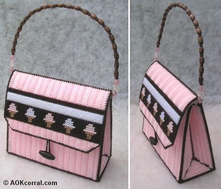 This plastic canvas purse pattern comes with step by step photos as well as interchangeable font panels. I love the little ice-cream design on this bag. It would make the cutest Cinema Movie night … Plastic Canvas Purse, Free Plastic Canvas, Canvas Bag Diy, Cream Purse, Sac Diy, Plastic Canvas Stitches, Purse Pattern, Plastic Mesh, Plastic Canvas Tissue Boxes