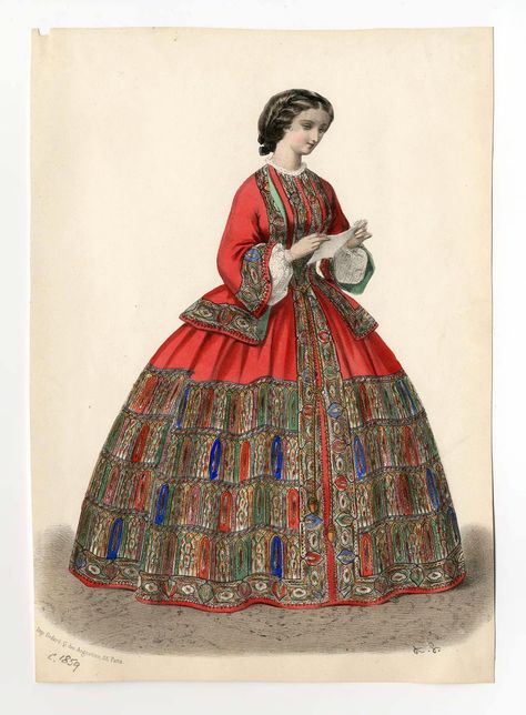 ca.1859 shawl wrapper from an unknown French periodical. Met Museum (no collections link available). 1850s Fashion, 1860 Fashion, 19th Century Clothing, 1800s Fashion, Hoop Skirt, 19th Century Fashion, Century Clothing, Victorian Clothing, Old Fashion