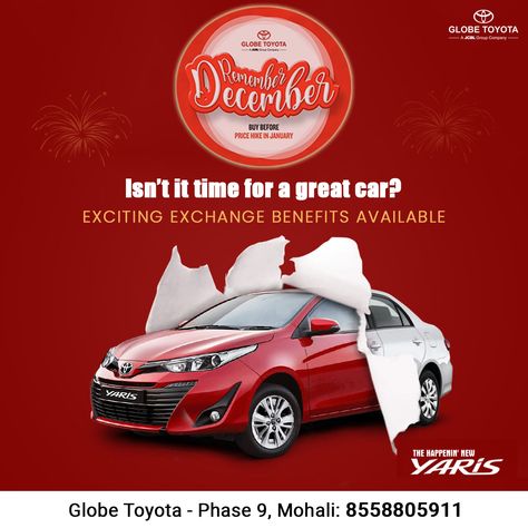 The right time to UPGRADE to a brand new Toyota Car. Avail Year-end best offers, Exchange Bonus, attractive Finance options, FREE Evaluation, and much more. Globe Toyota - Phase 9, Mohali Call Now: 8558805911 #ServiceAdvisor #GlobeToyota #Toyota #Yearend #BestOffers #Chandigarh #Mohali #Panchkula #RestoredCar #BestDeals #CarRepair #ToyotaCars #car #cars #carlover #Caroffers #MotorsVehicle #MotorVehicle #FamilyCar Car Exchange Creative Ads, Exchange Offer Creative Ads, Car Offer Ads, Car Loan Creative Ads, Offer Creative Ads, Car Print Ads, Graphic Design Cv, Car Advertising Design, Car Wash Services