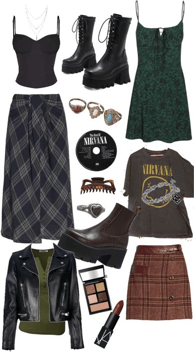 #03 dream style!! Outfit | ShopLook Green Goth Aesthetic Outfit, Dress Outfits Grunge, Dark Paradise Outfits, Goth Vintage Outfits, 80s Outfits Grunge, Emo Hippie Outfits, Grunge Outfit Board, Grunge Outfits Autumn, Whimsigothic Aesthetic Outfits