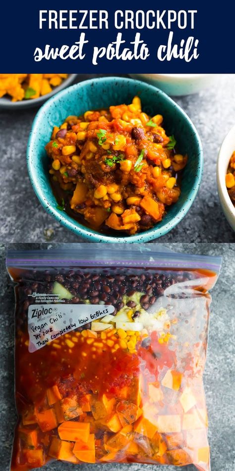 Vegan crockpot chili that can be assembled ahead and frozen for a crockpot freezer meal! With sweet potatoes, corn, black beans and spices, this one seriously tasty chili recipe! #sweetpeasandsaffron #mealprep #freezer #vegan #glutenfree #slowcooker via @sweetpeasaffron Tasty Chili Recipe, Vegan Crockpot Chili, Mealprep Freezer, Vegan Chili Crockpot, Vegan Freezer Meals, Crockpot Meal Prep, Chili Crockpot, Delicious Chili Recipe, Vegan Crockpot Recipes