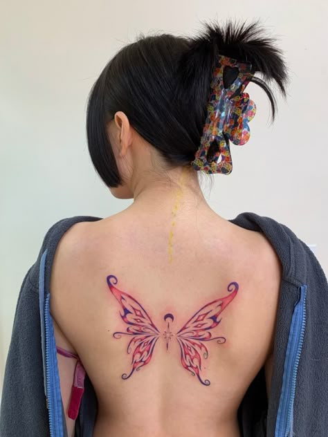 Farie Wings Tattoo, Colorful Fairy Wings Tattoo, Winx Wings Tattoo, Fairy Wing Tattoo Designs, Fairy Wings Tattoo On Back Women, Winx Tattoos, Fairy Wing Tattoos On Back, Back Wing Tattoo, Fairy Back Tattoo