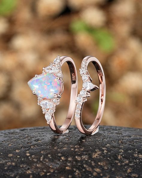 Vintage Pear White Opal Engagement Ring Set Marquise Moissanite Cluster Anniversary Rings for Women Solid Gold Wedding Promise Ring Gifts - Etsy Vintage Opal Engagement Ring Set, Wedding Rings With Opal, Opal Gold Engagement Ring, Promise Engagement And Wedding Ring Set, Diamond And Opal Engagement Ring, Opal Rings Engagement, Western Promise Rings, Fairy Wedding Rings, Wedding Rings Pear