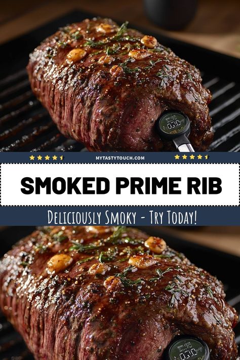 I absolutely love this Smoked Prime Rib recipe! It's incredibly juicy and packed with flavor, thanks to its smokiness and herb seasoning. Perfect for special occasions or a weekend treat. Trust me, once you try it, you'll want to make it again and again! Hickory Smoked Prime Rib, Pellet Smoker Prime Rib, Christmas Dinner Smoked Meat, Smoked Meat Dinner Ideas, Boneless Prime Rib Roast On Pellet Grill, Pellet Smoked Prime Rib, Prime Rib Pellet Smoker, Smoked Meat For Christmas, Best Smoked Prime Rib Recipe