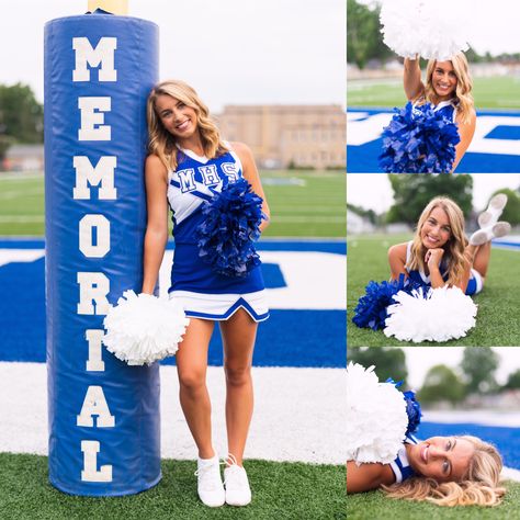 High School Cheer Senior Pictures, Cheer School Pictures, Cheerleader Senior Banner Poses, Cheer Headshot Poses, Football Cheerleader Senior Pictures, Cheerleading Senior Pictures Ideas, Cheer Leading Pictures, Field Goal Cheer Pictures, High School Dance Team Pictures