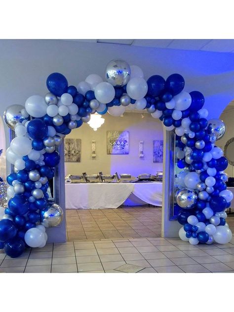 Azul y blanco  Collar  Látex   Embellished Balloon Arch Blue, Blue Graduation Party, Boys Birthday Party Decorations, Blue Party Decorations, Boy Birthday Decorations, Happy 13th Birthday, Blue Graduation, Silver Party, 50th Party