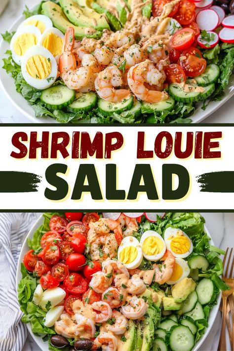 You can't go wrong with this classic shrimp Louie salad! With shrimp, hard-boiled eggs, romaine, tomatoes, cucumber, onion, olives, and avocados, it's sure to please! Shrimp Louis, Shrimp Louie Salad, Shrimp Louie, Summer Shrimp Recipes, Frozen Cooked Shrimp, Salad With Shrimp, Salad Recipes Healthy Lunch, Cucumber Onion, Salad Jar Recipe