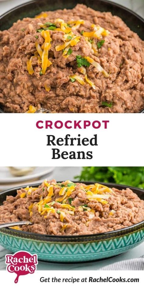 Crockpot refried beans require no soaking. They're easy to make and taste way better than beans from a can! Not only are these “refried” beans better tasting than canned, they are much more economical. Creamy and delicious refried beans can easily be made in a crockpot. Now, before you go crazy on me, I know these aren’t traditional refried beans. They aren’t fried at all and there’s no bacon fat or lard, no fat at all, in fact. Slow Cooker Refried Beans, Crockpot Refried Beans, Traditional Refried Beans, Mexican Side, Beans In Crockpot, Homemade Refried Beans, Refried Beans Recipe, Mexican Side Dishes, Taco Pie