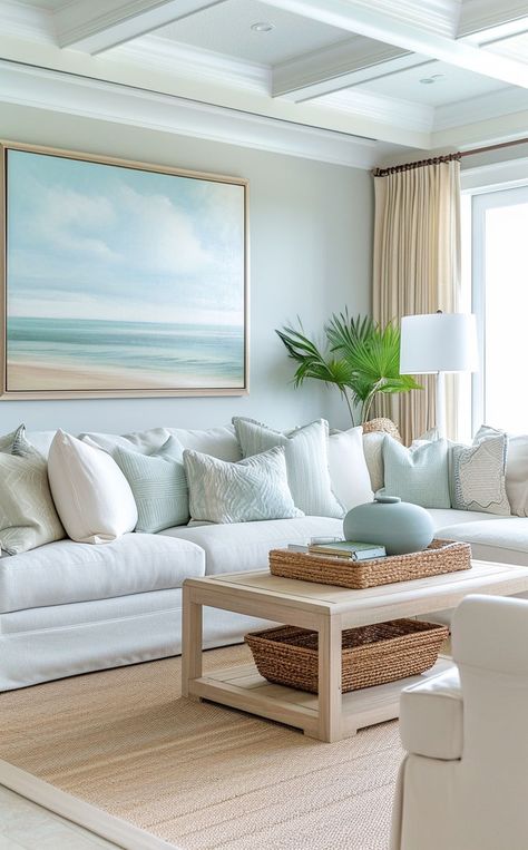 Freshly decorated coastal living room with serene beach-inspired color palette Beach Flat Decor, Beach Aesthetic Living Room Decor, Coastal Modern Living Room Home Decor, Light Blue Coastal Living Room, Green And Blue Coastal Living Room, Living Room Coastal Grandmother, Beach Inspired Home Decor, Beach Condo Living Room Ideas, Tiny Coastal Living Room