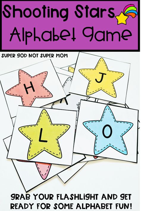 Looking for alphabet activities for your preschool or kindergarten students?  This Shooting Stars Alphabet Game is a fun hands on, whole alphabet activity that will fit with any letter of the week program.  Click through and get your FREE printable today!  #preschool #letteroftheweek #alphabetactivity Sky Letters Activity, Space Alphabet Activities, Star Alphabet Letters, Space Themed Writing Activities, Hands On Alphabet Activities, Star Activity, Outer Space Alphabet Letters, Outer Space Language Activity, Space Alphabet