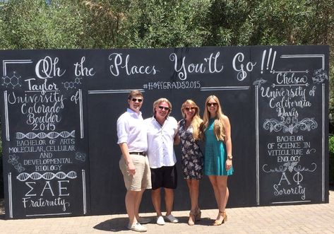 Hand lettering - Calligraphy - Photo backdrop chalkboard - https://daniellegibsonevents.com/chalkboard-photo-backdrop/ Chalkboard Photo Backdrop, Chalkboard Backdrop, Graduation Photo Booth, End Of Year Party, Senior Graduation Party, Graduation Party High, Rustic Wedding Backdrops, Graduation Party Planning, Graduation Backdrop