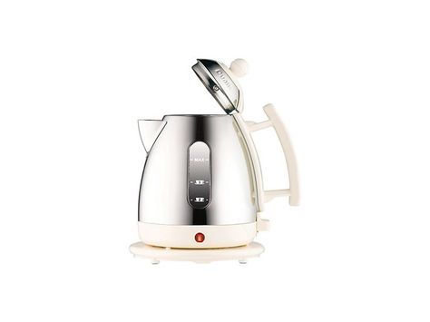 dualit-tea-kettle-ecru-remodelista Electric Tea Kettle, Stainless Steel Kettle, London Kitchen, Coffee Dripper, Cord Storage, Summer Kitchen, Heating Element, Hinged Lid, Tea Kettle