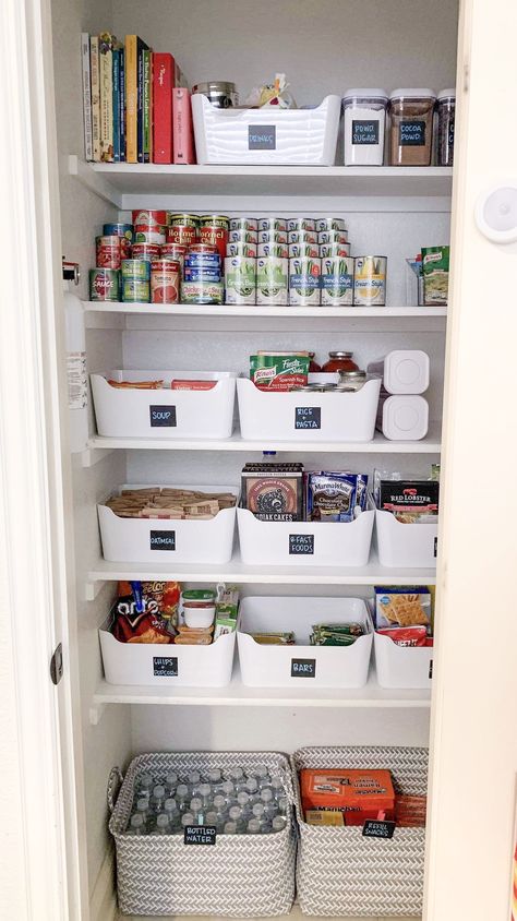 Bread Storage In Pantry, Very Small Pantry Organization, Organization For Tupperware, Emergency Kit Organization, Organization Ideas For Pantry Small Spaces, Kitchen Pantry Closet Organization, College House Organization, Small Townhome Organization, Small Closet Food Pantry Ideas