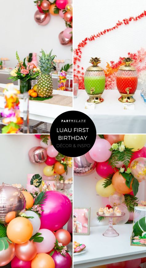 This Luau themed firth birthday was filled with tropical décor, bright hued balloons, pineapple table elements, and lush palm accents. Aloha Theme Birthday Party, One Big Luau First Birthday, Aloha One Birthday Party, First Birthday Luau, Luau First Birthday, First Luau Birthday Party, Tropical First Birthday Party, Luau First Birthday Girl, Tropical Birthday Theme