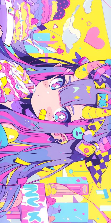 Hyperpop Art Style, Citypop Wallpaper, Y2k Desktop Wallpaper Hd 1080p, Neon Character Design, Rainbow Anime, Hyper Pop, Colorful Anime, Arte Inspo, Messy Hair