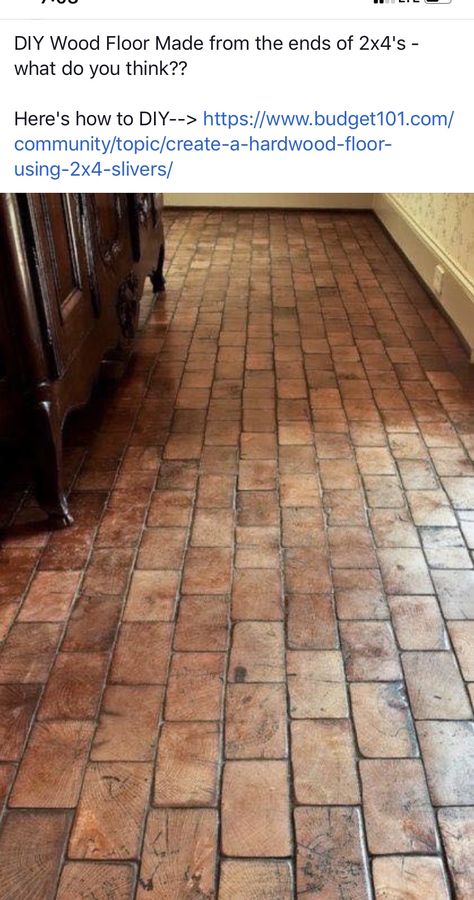 Wood Block Flooring Diy, Faux Cobblestone Floor, Diy Cheap Wood Floors, Repurpose Hardwood Flooring, Pallet Board Flooring, Wood Block Floor, Budget Friendly Flooring Ideas, Pallet Wood Floor, Cottagecore Flooring