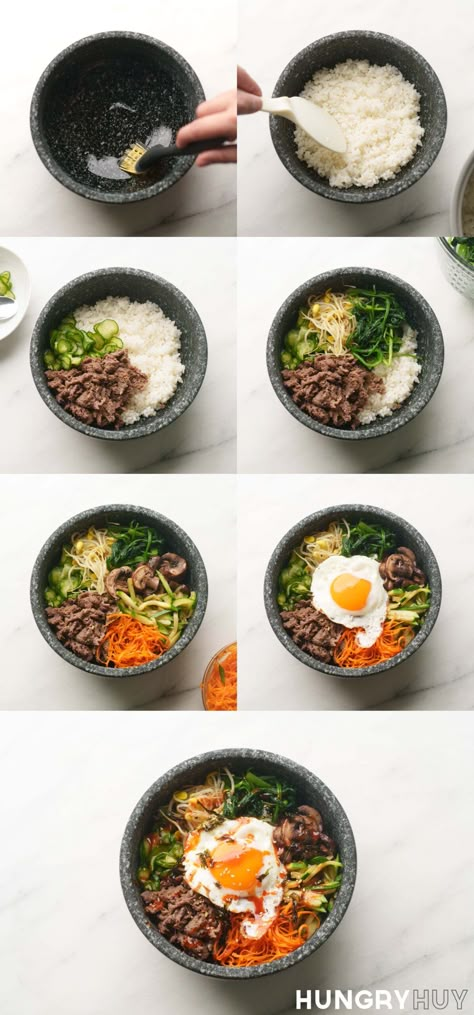 Bibimbap Recipe (Korean Rice Bowl w/ Veggies & Beef) - Hungry Huy Bulgogi Bibimbap Recipe, Vegan Korean Bowl, Korean Rice Bowl Bibimbap Recipe, Korean Recipes Bibimbap, Simple Korean Dishes, Korean Food Meal Prep, Healthy Kimbap, Healthy Food Asian, Korean Bibimbap Recipe