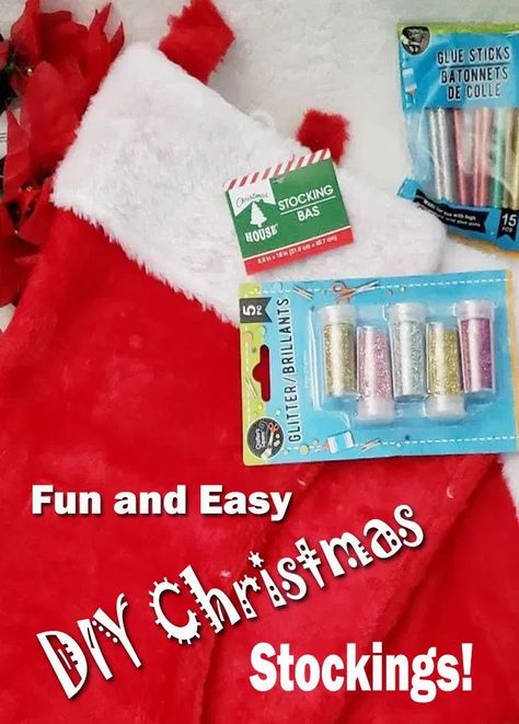 Simple and easy personalized stockings for Christmas! A quick visit to the dollar store is a great way to add a personalized touch to your Christmas décor! #Christmas #christmascraft #Stockings #DIY #Dollarstore #dollarstorecraft Decorating A Stocking Diy Christmas, Decorating Christmas Stockings Diy, Decorate Christmas Stockings Ideas, Decorate A Stocking School Project, Diy Christmas Stocking Decorating Ideas, How To Personalize Stockings Diy, Diy Personalized Christmas Stocking, Kids Stocking Craft, Diy Names On Stockings Christmas