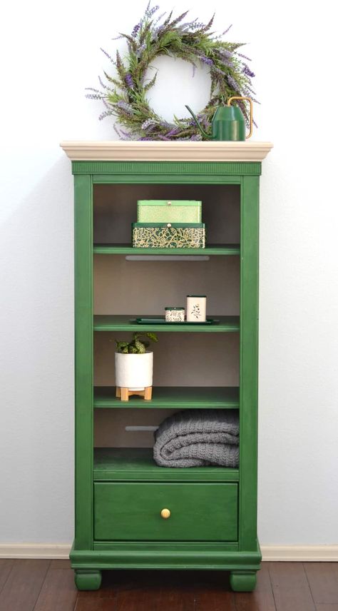 Green Bookcase, Green Bookshelf, Green Bookshelves, Painted Bookcase, Her Home Office, Recycle Projects, Painting Bookcase, Green Painted Furniture, Painted Bookshelves