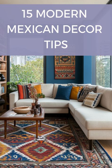 Get some ideas and inspo to use modern Mexican decor around your home, from the bedroom to the living room and kitchen, with advice on bold colors and art to display. Modern Mexican Design Interior, Eclectic Mexican Decor, Navajo Interior Design, Southwest Home Decor Living Room, Mexican Office Decor Ideas, Latin Living Room, Mexican Rugs Living Room, Southwest Color Palette Living Room, Mexican Home Decor Modern Living Room