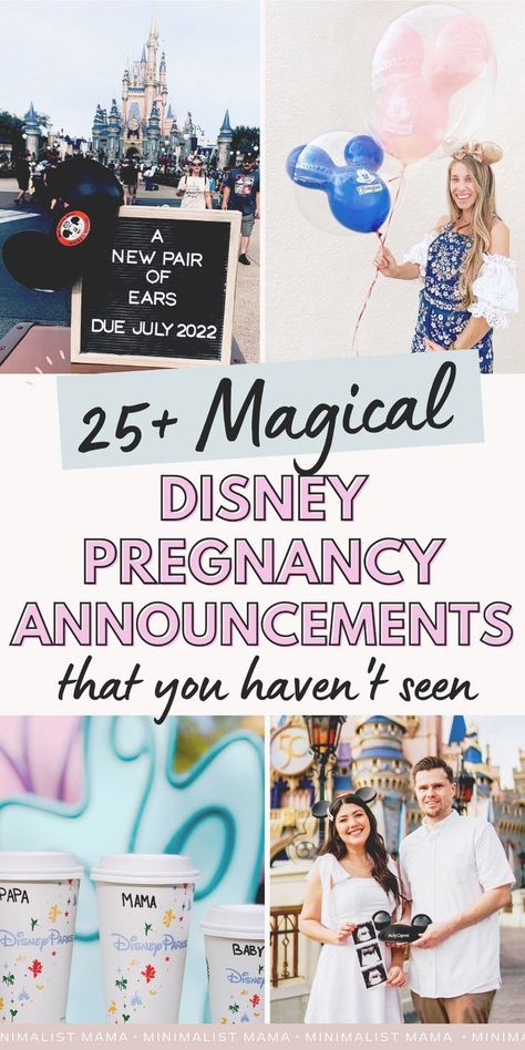 Pregnant mom taking a break from scrolling through all of the pregnancy tips on Pinterest? Check out these unique pregnancy announcement ideas for your big BABY ANNOUNCEMENT! This list of ADORABLE baby reveal ideas is for all the DISNEY mamas out there - whether it's a Disney-movie themed pregnancy announcement, or photos taken at Disneyland or Disney World - they're all cute & creative! Disney Pregnancy Reveal, Im Pregnant Announcement, Unique Pregnancy Announcement Ideas, Disney Baby Announcement, Disney Pregnancy Announcement, First Baby Announcements, Disney Gender Reveal, 3rd Baby Announcement, Pregnancy Reveal Photos