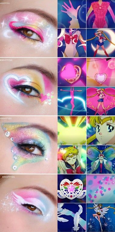 Sailor Moon Face Paint, Sailor Moon Eye Makeup, Studio Ghibli Inspired Makeup, Sailor Moon Inspired Makeup, Sailor Moon Makeup Look, Moon Inspired Makeup, Moon Makeup Look, Anime Makeup Kawaii, Sailor Moon Inspired Nails