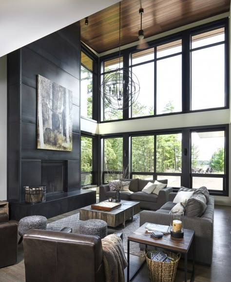 Black Windows in a Modern Cottage - Fieldstone Windows and Doors Black Modern Windows, Black Windows Interior Modern, Large Black Windows, Black Window Trim Interior, Black Interior Windows, Black Window Trims, Cabin Windows, Black Cottage, Cottage Windows