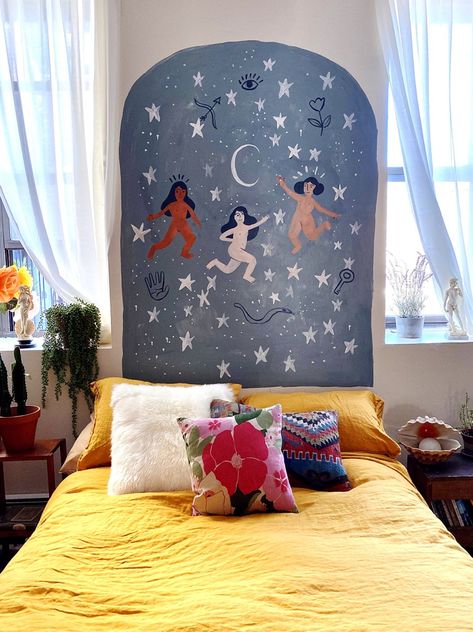 A Protective Mural Made This Artist’s Apartment Feel Like a Safe Space~Mural by Esmé Shapiro Painted Mural Headboard, Painting In Bedroom Wall, Paint Wall Around Mirror, Vibrant Apartment Aesthetic, Wall Murals Home, Diy Home Mural, Paint Mural Wall, Living Room Mural Ideas, Bedroom Wall Mural Diy