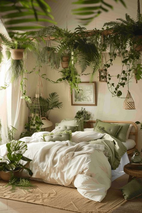 Urban Bedroom Decor, Hanging Plant Ideas, Urban Jungle Bedroom, Jungle Retreat, Urban Bedroom, Botanical Bedroom, Interior Decoration Ideas, Jungle Bedroom, Green Room Decor