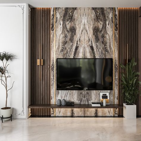 Backdrop Living Room Interior Design, Marble Walls Living Room, Tvwalldesign 2023, Bedroom Media Wall Ideas, Tv Wall Marble, Living Room Tv Wall Modern Interiors, Tv Panelling, Tv Background Wall Design, Bedroom Tv Wall Design