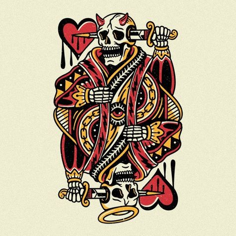 Stead Supply on Instagram: “Kings of Demon and Angel for @barba.roja.apparel #steadsupply⁣⁣ .⁣⁣ .⁣⁣ .⁣⁣ .⁣⁣ .⁣⁣ .⁣⁣ #angeltattoo #traditionalflash #skulltattoo…” Hand Holding Card Tattoo, Traditional Forearm Tattoo Men, American Traditional Tarot Card Tattoo, American Traditional Arm Sleeve, King Tattoo Men, Throat Tattoo Ideas, Playing Card Tattoo, Demon And Angel, Poker Tattoo