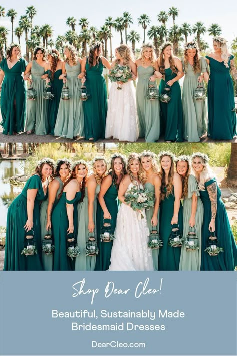 Top photo: Bridesmaids walking in a row with linked arms, alternating in sage green and bright green dresses.
Bottom photo: Bridesmaids leaning in towards bride in the middle. Fgreen Bridesmaid Dresses, Dark Green And Sage Bridesmaid Dresses, Emerald Green And Sage Bridesmaid Dresses, Emerald Green Mixed Bridesmaid Dresses, Sage And Pine Green Wedding, Summer Colors For Bridesmaid Dresses, Bridesmaid Dresses Green Sage Color Palettes, Two Colors Bridesmaid Dresses, Green And Navy Bridesmaid Dresses