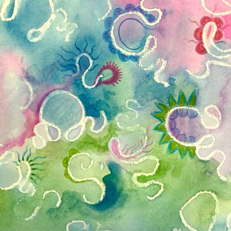 Day 41: 100 Days of 10 Minute Art, wax resist, watercolour washes, and watercolour pencils! See jwyliedesigns.blogspot.com #100dayproject #10minuteart #watercolour #painting Wax Colour Drawing, Wax Resist Art Watercolors, Wax Resist Watercolor, Wax Resist Art, Watercolour Bubbles How To Paint, Watercolour Teapot, Resist Art, Watercolour Pencils, Wax Resist