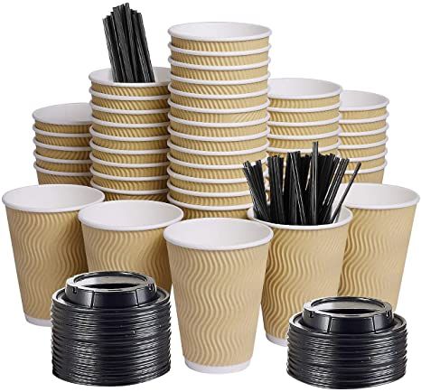 12oz 100 Packs Insulated Kraft Ripple Wall Disposable To Go Paper Coffee Cups for Office Parties Home Travel Corrugated Sleeve Hot Drink Cups with Lids & Straws Paper Coffee Cups, To Go Coffee Cups, Disposable Coffee Cups, Coffee Warmer, Paper Coffee Cup, Disposable Cups, Plastic Cups, Office Parties, Disposable Tableware