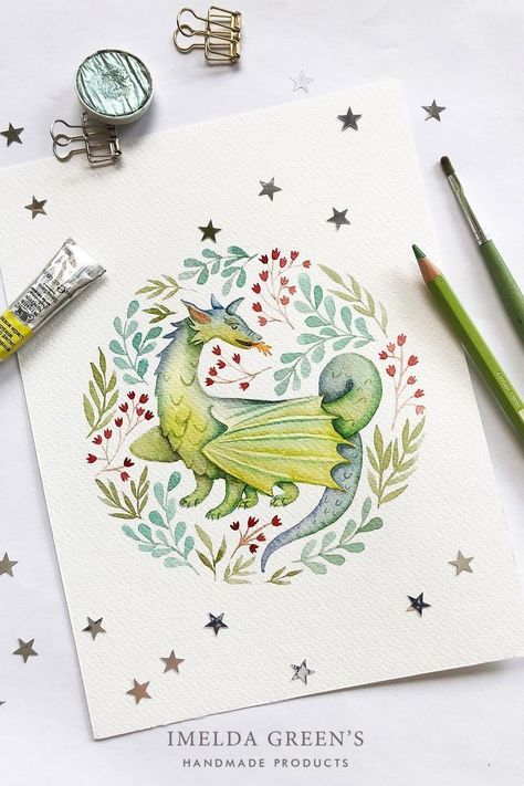 Mythical Creatures Nursery, Mythical Creature Nursery, Christmas Dragon Art, Dragon Watercolor Painting, Dragon Illustration Art, Watercolour Dragon, Dragon Birthday Card, Whimsical Dragon, Dragon Watercolor