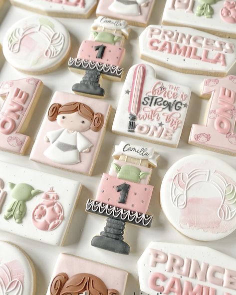 Princess Leia Birthday, Princess Leia Party, Wedding Shower Cookies, Star Wars Cookies, Star Wars Baby Shower, Cookie Decorating Party, Pink Cookies, Baby Birthday Themes, Baby Shower Theme Decorations