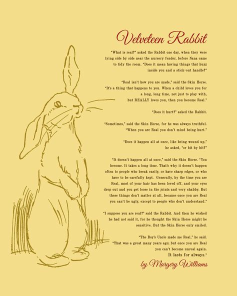 Velveteen Rabbit Quotes. QuotesGram Velveteen Rabbit Nursery, The Velveteen Rabbit Quotes, The Velveteen Rabbit, Rabbit Nursery, Velveteen Rabbit, Love Anniversary Quotes, Beautiful Nursery, Kids Room Wall, Lovely Quote