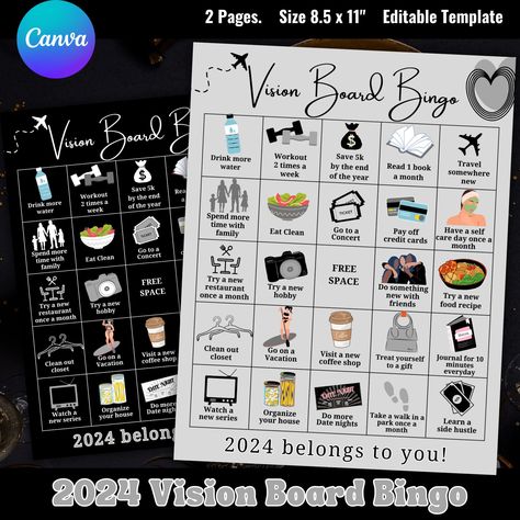 Vision Board Bingo Ideas, Bingo Vision Board Template, Bingo Goal Board, Goal Bingo Board, New Year Bingo Vision Board, Bingo Vision Board, Vision Board Bingo, Goal Bingo, Goals Bingo