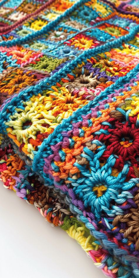 Fabric Backing On Crochet Blanket, Tie Dye Granny Square, Crochet Pattern For Variegated Yarn, Peruvian Crochet Pattern, 3 Inch Granny Square Pattern, Yarn Scraps Crochet Blanket, 6 Color Crochet Blanket, Leftover Yarn Projects Crochet Ideas, Scrap Projects Crochet