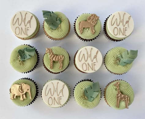 Wild Animal Cupcakes, Wild One Cupcakes, Jungle Theme Cupcakes, Jungle Cupcakes, Safari Theme Birthday Party, Birthday Cupcakes Boy, Safari Cupcakes, 1st Birthday Cupcakes, First Birthday Cupcakes