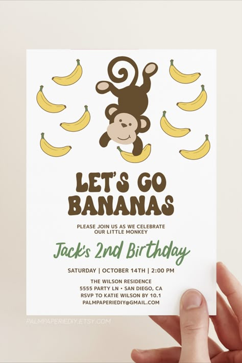 Monkey Theme Birthday Ideas. Let's Go Bananas to celebrate a little monkey. Banana theme Bday for kids! Monkey Birthday Invitations, Monkey Birthday Party Ideas, 2nd Birthday Monkey Theme, Monkey First Birthday Boy, Monkey Birthday Theme, Monkey 1st Birthday Boy, Banana Birthday Theme, Banana Themed Birthday Party, Go Bananas Birthday