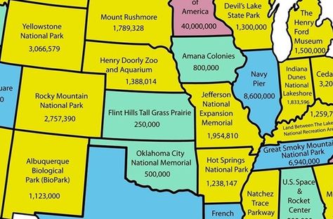 Map Shows the Most Popular Attraction in Every State Road Trip Map, Road Trip Places, Travel Trailer Camping, Rv Road Trip, Cross Country Road Trip, Road Trip Routes, National Park Road Trip, Us Road Trip, National Parks Trip