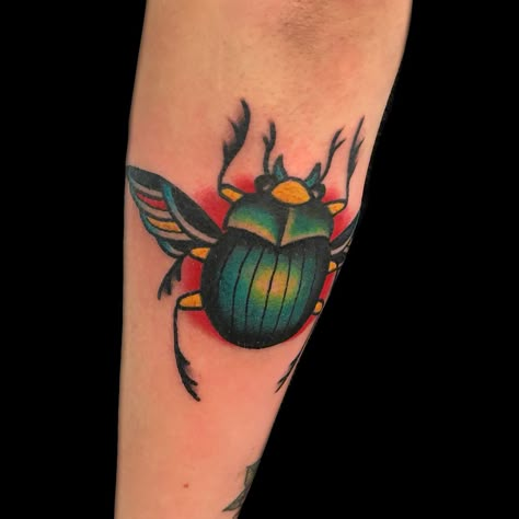 American Traditional Beetle Tattoo, Traditional Beetle Tattoo, Scarab Beetle Tattoo Traditional, Colorful Beetle Tattoo, Kent Tattoo, Beetle Tattoo Color, Scarab Beetle Tattoo, Figeater Beetle Tattoo, Scarab Tattoo