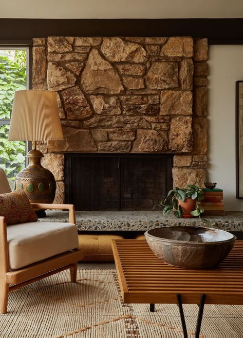 Modern Stone Fireplace, Fireplace Styling, Modern Fireplace, Wood Detail, Fireplace Wall, California Homes, Fireplace Mantle, Fireplace Design, Mid Century Modern House