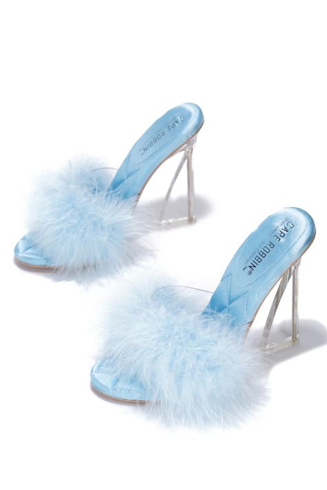 Pom Pom Heels, Shoe Goals, Fluffy Heels, Fuzzy Heels, Slip On Heels, Color Celeste, Cute Shoes Heels, Shoe Ideas, Blue Feather