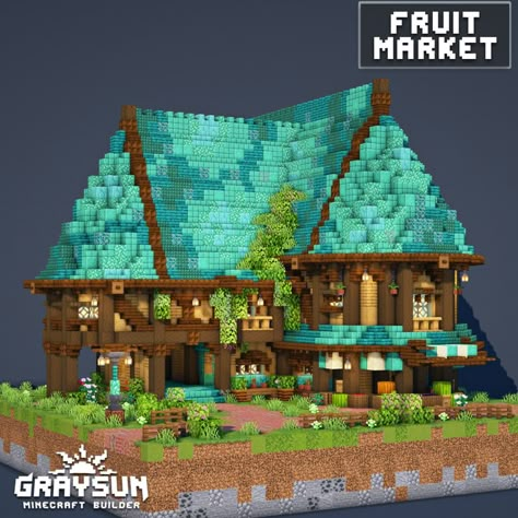 Built a fruit market featuring a roof gradient this was a minecraft build challenge. #minecraft #minecraftbuild #minecraftbuilding Minecraft Blue Roof, Minecraft Copper Roof, Minecraft Gradient Roof, Minecraft Roof Guide, Minecraft Gradient, Minecraft Reference, Minecraft Roof, Fantasy Minecraft, Cozy Village