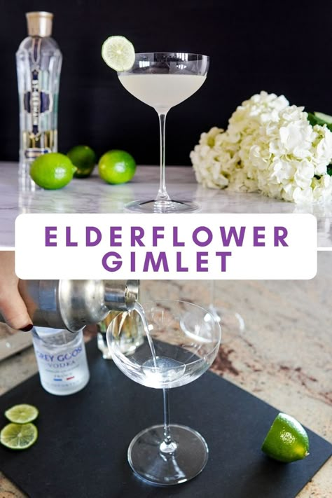 Vodka Elderflower Gimlet Recipe - Very Obsessed Elderflower Vodka Cocktail, Elderflower Martini Vodka, Cocktails With Elderflower Syrup, Cocktails With Elderflower Liquer, Elderflower Syrup Cocktail, Gin And Elderflower Cocktail, Elder Flower Cocktail, Elderflower Gin Cocktail, Wine Alternatives