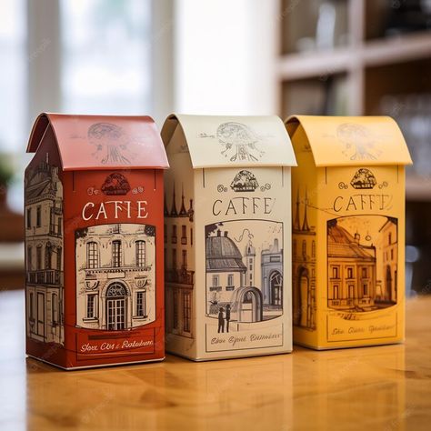 Premium AI Image | four boxes of cafe cafe are on a table Chocolate Boxes Design, Packaging Pictures, Chocolate Box Packaging, Packaging Creative, Tea Package, Chocolate Packaging Design, Coffee Box, Creative Coffee, Box Packaging Design