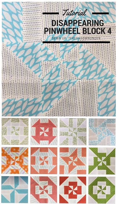 Block 4: Disappearing pinwheel quilt sampler-TERESADOWNUNDER-The finished block is 10 1/4 inch square. Disappearing Pinwheel, Disappearing Hourglass, Disappearing Blocks, Pinwheel Blocks, Pinwheel Quilts, Charm Pack Quilt Patterns, Quilt Sampler, Pinwheel Block, Pin Wheel